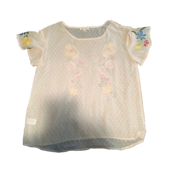 Umgee top Womens Small cream sheer embroidered floral polka dot flutter sleeve - Picture 2 of 6